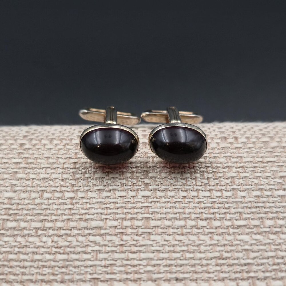 Worn Gold Plated Dark Red Glass Hickok Men's Cuff Links A6967